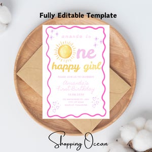 Editable Sun First Birthday Invitation | One Happy Girl Retro 1st Birthday Party Invite | Instant Download | Self Editable Invitation