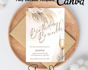 Invitation brunch d'anniversaire modifiable, invitation brunch, floral, herbe de la pampa, bohème, mimosa, invitation imprimable ou texte