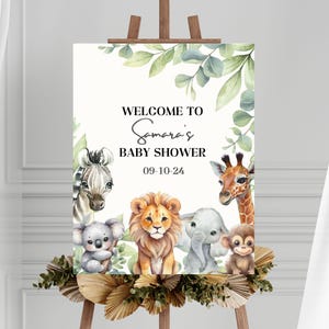 Bearbeitbar Ein kleines Wildes Babyparty-Willkommensschild, Safari-Dschungel-Babyparty-Poster, Grün-Safari-Tier-Babyparty-Dekoration