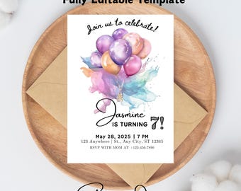 May include: A printable birthday invitation with a watercolor background and a bunch of purple, pink, and orange balloons. The text reads "Join us to celebrate! Jasmine is turning 7! May 28, 2025 | 7 PM 123 Anywhere St., Any City, ST 12345 RSVP with Mom at +123-456-7890 Shopping Ocean"