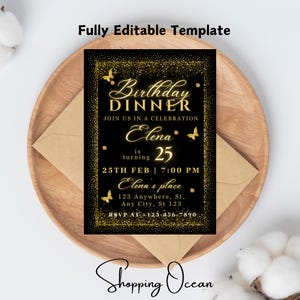 Editable Black and Gold Birthday Invitation, Let's Party Gold Birthday Invite, Printable Black Golden Balloons Birthday Invitation