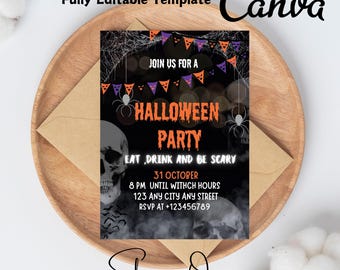 Pode incluir: Convite para uma festa de Halloween com fundo preto, faixas laranja e roxas, uma caveira e teias de aranha. O texto diz "Join us for a Halloween Party, Eat, Drink and Be Scary, 31 de outubro, 20h00 até as horas da bruxa, 123 Any City Any Street, RSVP para +123456789, Shopping Ocean, Editar no Canva".