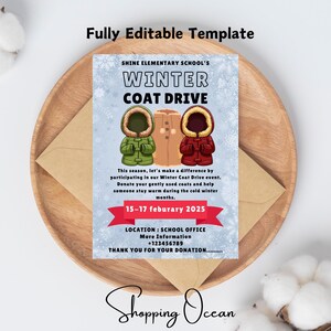 May include: A blue and white flyer with a red banner announcing a winter coat drive at Shine Elementary School. The flyer features cartoon illustrations of people wearing winter coats. The text on the flyer reads "Winter Coat Drive" and includes the dates "15-17 February 2025".