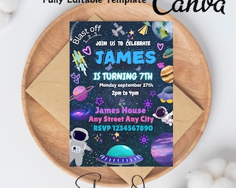 Outer Space Birthday Invitation Template, Planets Rocket Ship Astronaut Invite, Galaxy Blast Off Invitation, Editable Invitation
