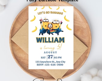 Minion födelsedagsinbjudan, minimalistisk barnfödelsedagsinbjudan, Minion-tema, redigerbar Minion-inbjudan, flickfödelsedag, pojkfödelsedagsinbjudan