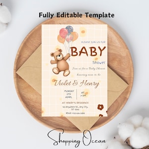 Bearbeitbare Bären-Ballons-Babyparty-Einladung, druckbare Oh-Baby-Teddybär-Babyparty-Einladung, geschlechtsneutraler Braunbär, DIGITALER DOWNLOAD