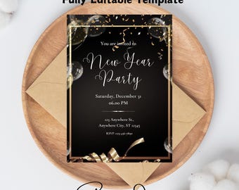Digital 2025 NYE New Year's Eve Party Invitation, Diamond Champagne Cheers, Editable Template, Instant Download, New Year Party Celebration