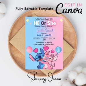 Editable Stitch Gender Reveal Invitation Template, Printable Pink Blue Stitch Baby Shower Invites, Angel Stitch Gender Reveal Evites Canva
