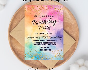 Rainbow Birthday Invitation Ombre Pastel Invitation Colorful Watercolor Splash Gold Glitter Sprinkles Tie Dye Printable Digital Invite