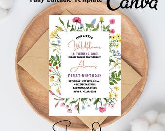 Invitación de cumpleaños con flores Invitación de cumpleaños con flores silvestres Invitación floral para cumpleaños de mujer Invitación para el día de la madre CANVA EDITABLE Descarga instantánea