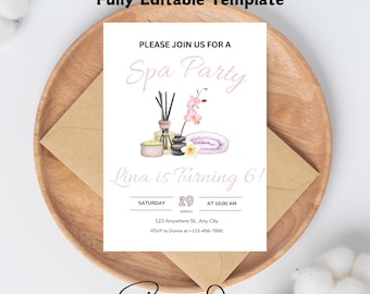 Spa Party Birthday Invitation Template Printable, Spa Party Birthday Invitation, Editable spa party invitation, Canva template