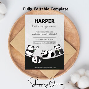 May include: A party invitation featuring a panda theme. The invitation reads "HARPER turning one!" with details for a first birthday party. The design includes panda illustrations and the text "Fully Editable Template" and "Shopping Ocean".