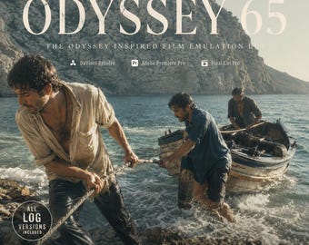 May include: A digital product advertisement titled ODYSSEY 65, featuring text overlays for film emulation LUTs compatible with DaVinci Resolve, Adobe Premiere Pro, and Final Cut Pro. The image shows two people pulling a small boat onto a rocky shore.