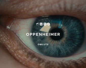 May include: Close-up of a human eye with the word "OPPENHEIMER" in white capital letters. The eye is blue with intricate details, and the image includes the text "OWLUTS" below the name and icons for video editing software.