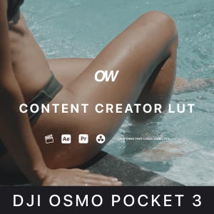 May include: Image featuring the text "CONTENT CREATOR LUT" and "DJI OSMO POCKET 3". The image also includes the letters "Ae" and "Pr" and the words "ANYTHING THAT LOADS CUBE LUTS". The background is a pool.