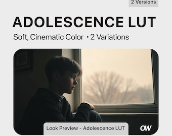 May include: A photo of a young person looking out a window. The image is used to preview a LUT filter for photo editing. The text "Look Preview - Adolescence LUT" is at the bottom of the image. The text "x33 & x64 Included" is at the bottom of the image.