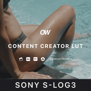 Può includere: Una donna seduta sul bordo di una piscina con il testo "OW CONTENT CREATOR LUT" e "SONY S-LOG3" sull'immagine. L'immagine include anche icone per Adobe After Effects, Premiere Pro e Final Cut Pro.
