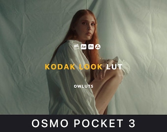May include: A person with long red hair wearing a white shirt, with the text "KODAK LOOK LUT" in yellow. Below the text is the word "OWLUTS". The bottom of the image has the text "OSMO POCKET 3".