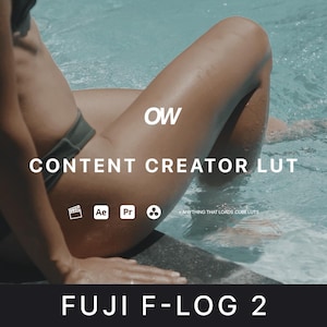 May include: A woman in a swimsuit sits on the edge of a pool. The text "OW CONTENT CREATOR LUT" is displayed in white letters on a black background. Below the text are icons for After Effects, Premiere Pro, and Final Cut Pro. The text "FUJI F-LOG 2" is displayed in white letters on a black background.