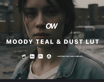 May include: A woman with dark hair looks at the camera. The text "OW MOODY TEAL & DUST LUT" is above her. Below her are icons for After Effects, Premiere Pro, and Resolve. The text "OSMO POCKET 3" is at the bottom of the image.