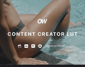 May include: A woman in a swimsuit sits on the edge of a pool. The text "OW CONTENT CREATOR LUT" is displayed on the image. The text "PANASONIC V-LOG" is displayed at the bottom of the image. The text "Ae Pr" is displayed in the center of the image.