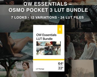 May include: A digital product bundle for video editing, called "OW Essentials - Osmo Pocket 3 LUT Bundle". The bundle includes 24 LUT files, 7 looks, and 12 variations. The image shows a collage of different video clips with various color grading styles.