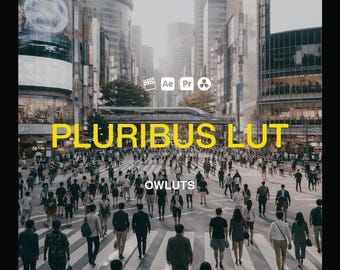 May include: Image of a busy city street scene with a large crowd of people crossing a crosswalk. The text "PLURIBUS LUT" is in yellow, with the word "OWLUTS" below it. The image also includes icons for video editing software.