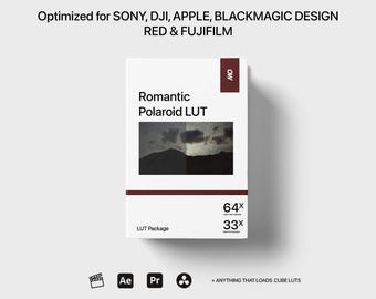 May include: A white box with the text "Romantic Polaroid LUT" and "LUT Package" on it. The box is surrounded by a red border. The text "64x" and "33x" is in a red box on the right side of the box. The text "OW" is in a red box on the top right corner of the box. The box is on a white background.