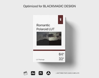May include: A white box with a red border and the text "Romantic Polaroid LUT" in black. The box is labeled "LUT Package" and has a preview image of a sunset over a mountain range. The box is optimized for Blackmagic Design and is 64x33 pixels.