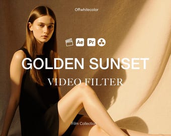 May include: A woman in a black dress sits in front of a golden-toned background. The text "GOLDEN SUNSET VIDEO FILTER" is displayed in large white letters. The image also includes the text "Offwhitecolor" and "Film Collection".