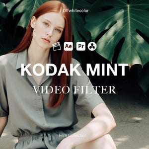May include: A person wearing a light green shirt and shorts sits in front of large green leaves. The text "KODAK MINT VIDEO FILTER" is displayed in white. The image also includes icons for video editing software.