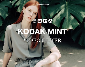 May include: A person wearing a light green shirt and shorts sits in front of large green leaves. The text "KODAK MINT VIDEO FILTER" is displayed in white. The image also includes icons for video editing software.