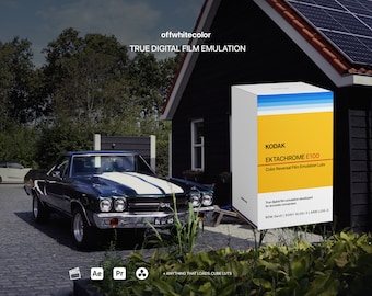 May include: A box of Kodak Ektachrome E100 color reversal film emulation LUTs for accurate digital film emulation. The box is yellow with blue and white stripes. The text on the box reads "Kodak Ektachrome E100 Color Reversal Film Emulation LUTs".