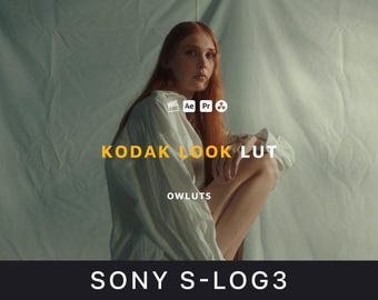 May include: A person with long red hair wearing a white shirt, with the text "KODAK LOOK LUT" in yellow and "SONY S-LOG3" in white. The background is a light gray fabric.