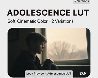 May include: A photo of a young person looking out a window. The image is used to preview a LUT filter for photo editing software. The text "Look Preview - Adolescence LUT" is visible at the bottom of the image. The text "x33 & x64 Included" is visible at the bottom of the image.
