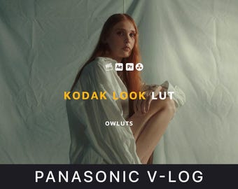 May include: A woman with long red hair wearing a white shirt sits on a white fabric background. The text "KODAK LOOK LUT" is displayed in yellow letters. The text "OWLUTS" is displayed in yellow letters below the first text. The text "PANASONIC V-LOG" is displayed in white letters at the bottom of the image.