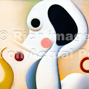 May include: Abstract painting of a white dog with black and blue shapes. The dog is surrounded by red, pink, and yellow circles.
