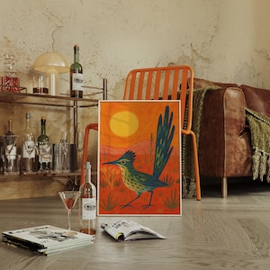 Décoration murale Southwestern Roadrunner - Toile d&#39;oiseau du désert aux couleurs vives avec cactus et coucher de soleil pour une décoration bohème occidentale