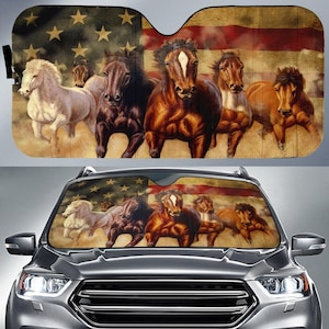 American Flag Horse Car Sunshade, Horse Car Sunshade, American Flag Car Sunshade, Car Windshield, Sun Visor Car, Gift Family.