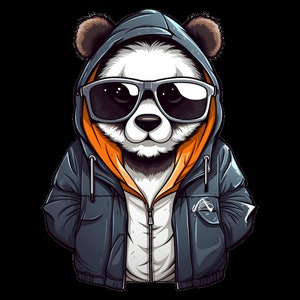 May include: A cartoon panda wearing a blue hooded jacket with an orange lining and sunglasses.