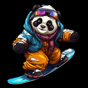 May include: A black and white panda wearing a blue and orange ski suit, a pink scarf, and rainbow ski goggles, is snowboarding down a blue and white slope.