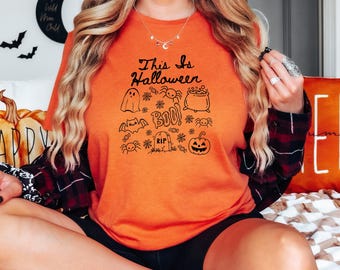 Bella Canvas Halloween Tee, This Is Halloween Shirt, Doodle Ghost Pumpkin Shirt, Cute Halloween Graphic Tee, Spooky Season Shirt