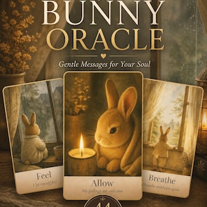 Op de afbeelding: Afbeelding van het 'Whispering Bunny Oracle' kaartspel. De kaarten tonen illustraties van konijnen, kaarsen en ramen. De teksten op de kaarten zijn 'Feel', 'Allow' en 'Breathe'. Het spel bevat 44 kaarten en is direct te downloaden.
