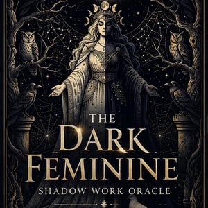 Pode incluir: Um baralho de cartas oráculo intitulado The Dark Feminine Shadow Work Oracle com uma figura central em um vestido bicolor, cercada por corvos, corujas, uma cobra e um eclipse solar, com 36 cartas e download instantâneo.