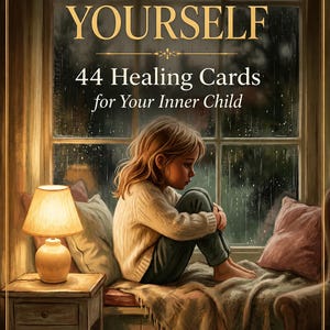 May include: A deck of 44 Healing Cards for Your Inner Child titled REPARENTING YOURSELF. The cover features an illustration of a child sitting on a window seat next to a lamp, with text in gold lettering against a dark, rainy window background.