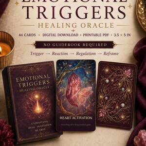 May include: A deck of 44 Emotional Triggers Healing Oracle cards, 3.5 x 5 inches, featuring a box and two cards. The box displays a lotus graphic and text. One card shows a chrysalis and butterfly, the other a tree root design with crystals.