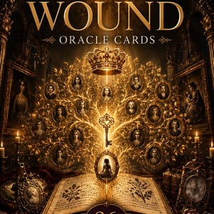 May include: A deck of Mother Wound Oracle Cards featuring a gold crown, a glowing tree with portrait frames, and a central key above an open book. The cover text reads Mother Wound Oracle Cards and 36 Cards for Generational Healing in gold.