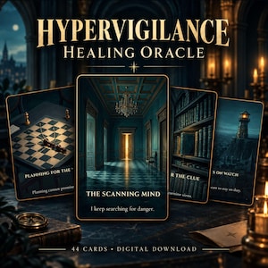 May include: A set of oracle cards titled HYPERVIGILANCE HEALING ORACLE, featuring dark, atmospheric illustrations. The central card shows a hallway with a glowing doorway, labelled THE SCANNING MIND with the text I keep searching for danger.