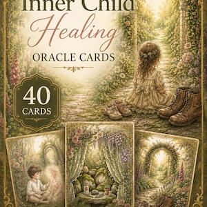 以下が含まれることがあります： 「Inner Child Healing」というタイトルのオラクルカードデッキ、カードは40枚。画像には、自然に囲まれた小道に座っている子供と、3枚のサンプルカードが写っています。各カードのサイズは8.89 x 12.7 cmです。