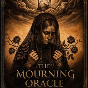 May include: An illustration for "The Mourning Oracle" features a woman in a black veil, holding thorny roses. An hourglass with lightning bolts sits above her, with text that reads "36 Gothic Grief Oracle Cards". The image has a vintage, gothic aesthetic.